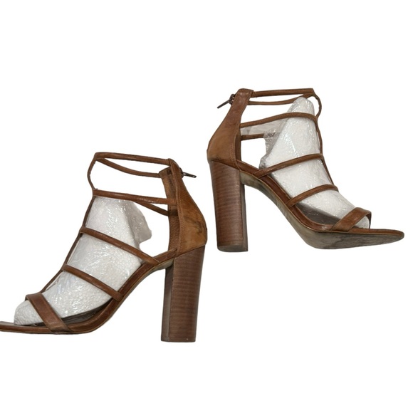 Tan brown leather gladiator multi strap chunky 3” heels tan sandals Sz 8 - Picture 1 of 10